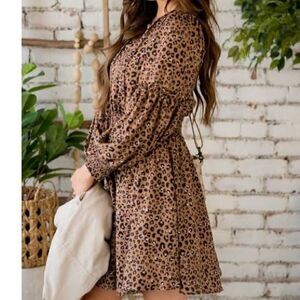 NWT REORIA S  Animal Print Long Sleeve Babydoll Dress
